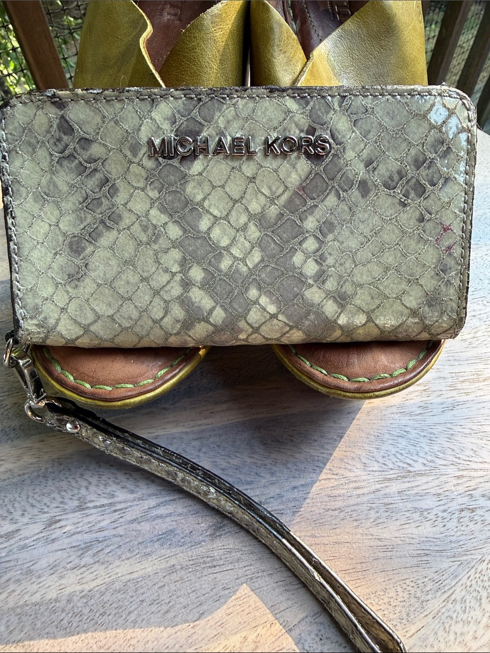 Michael Kors Olive Green Snake-Embossed Wristlet Wallet